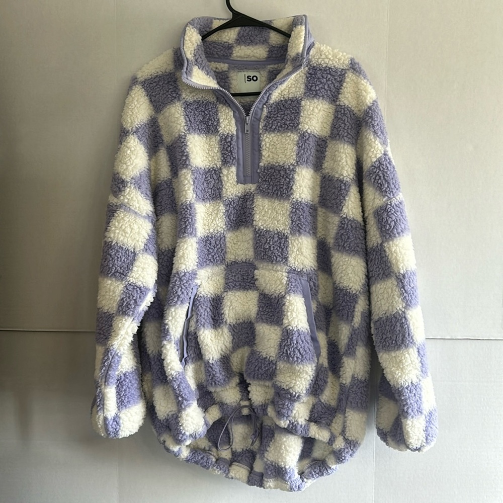 SO Purple and White Checkered Fleece Quarter Zip Collared Sweater womens size XL